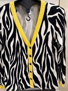 Foxcroft White Cardigan with Yellow Polka Dot Trim